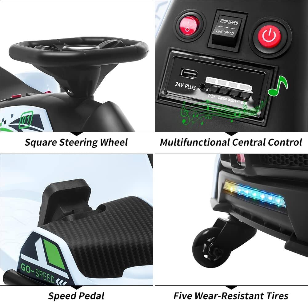 - Square Steering Wheel
- Multifunctional Central Control
- Speed Pedal
- Five Wear-Resistant Tires