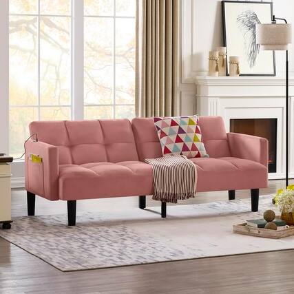 Front. Trinkets Crazed - Velvet Futon Couch Convertible Folding Sofa Bed Tufted Couch for Apartment - pink.
