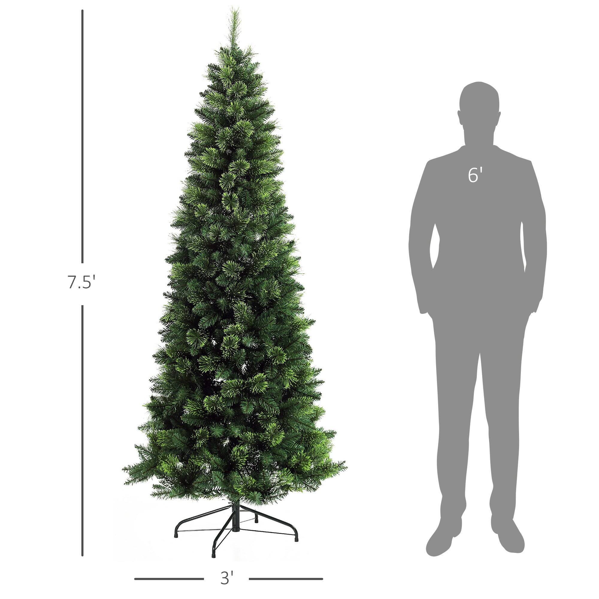 Left. BreeBe - 7.5ft Tall Pencil Artificial Christmas Tree Holiday DÃ©cor with 1075 Branches - Green.