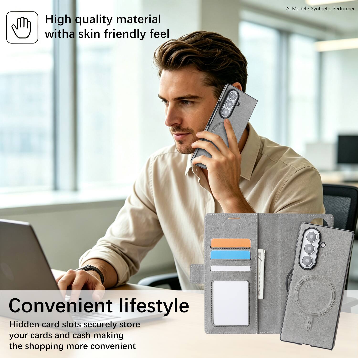 High quality material with a skin friendly feel

AI Model / Synthetic Performer

Convenient lifestyle
Hidden card slots securely store your cards and cash making the shopping more convenient