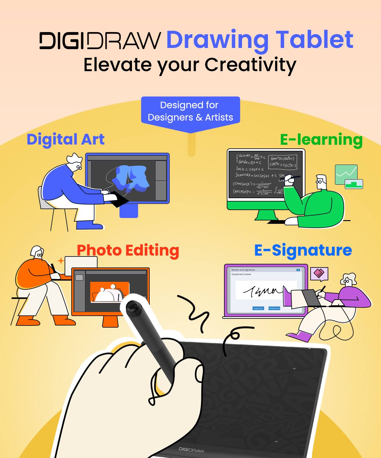 DIGIDRAW Drawing Tablet  
Elevate your Creativity  

Digital Art  
Photo Editing  
E-learning  
E-Signature  

Designed for Designers & Artists