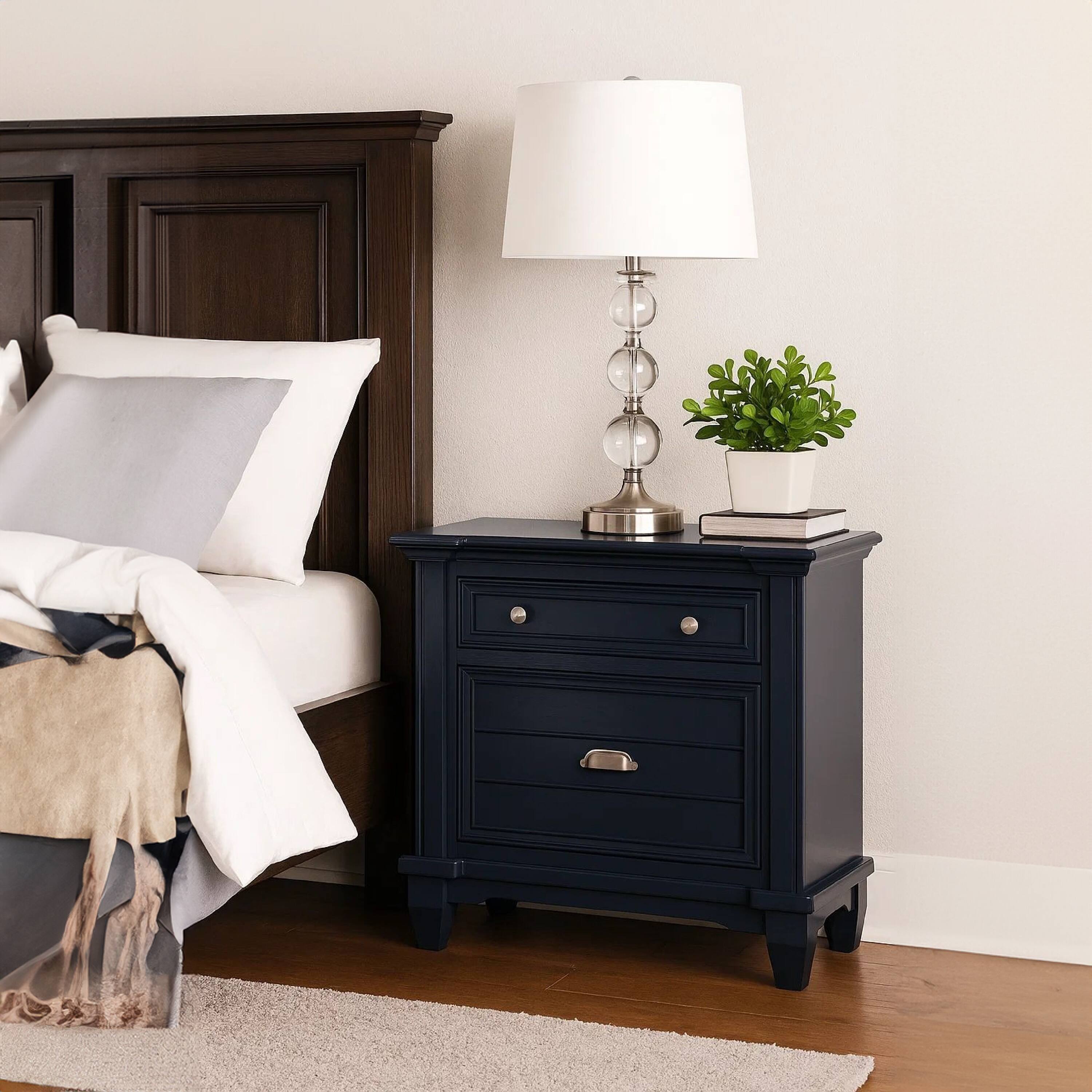 Alt View 6. Manhattan Lane - Zeny Nightstand, 1 Cup Handle Drawer with 1 Shelf, Solid Wood - Slate Blue, Nickel.