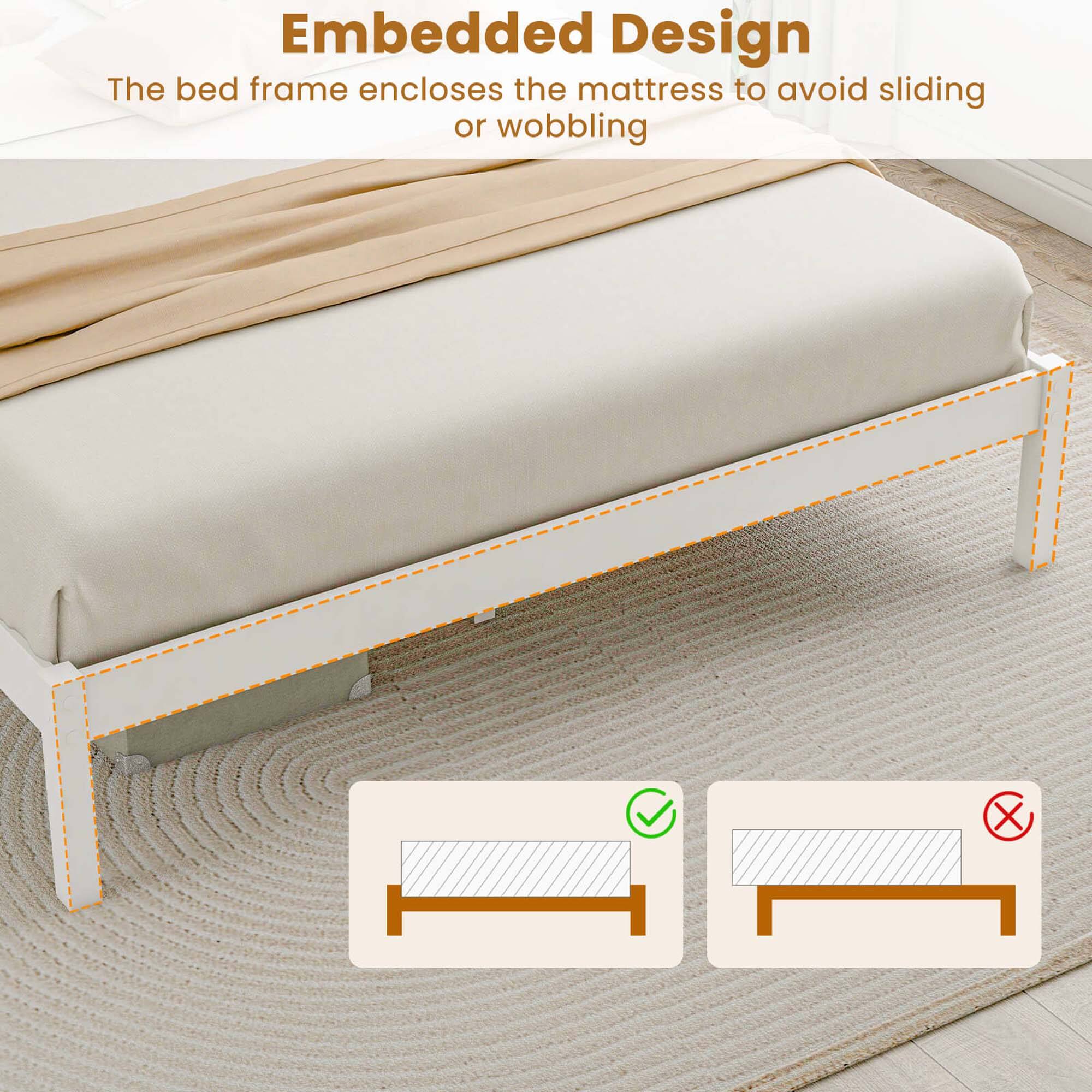 Embedded Design: The bed frame encloses the mattress to avoid sliding or wobbling.