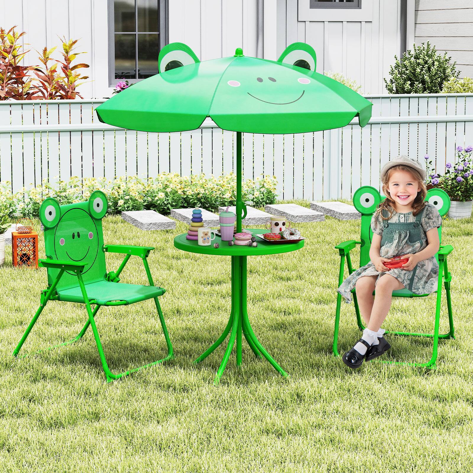 Alt View 8. Costway - Costway Kids Picnic Table & Chair Set with 2 Folding Chairs & Height Adjustable Umbrella - Green.