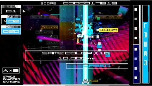 LEVEL 01  
RATE 02  
CHAINS 020  

SCORE 0000017819  

SAME SHAPE COLUMN  
SAME COLOR X10  
10,000 PTS  

SPACE INVADERS EXTREME  

1000 PTS  
LASER  

CHAIN