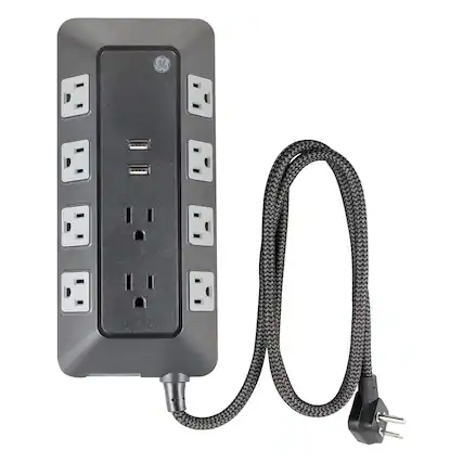 Front. Dazzed Corner - 10-Outlet Surge Protector – 2 USB-A, 4Ft Braided Cord - Black.