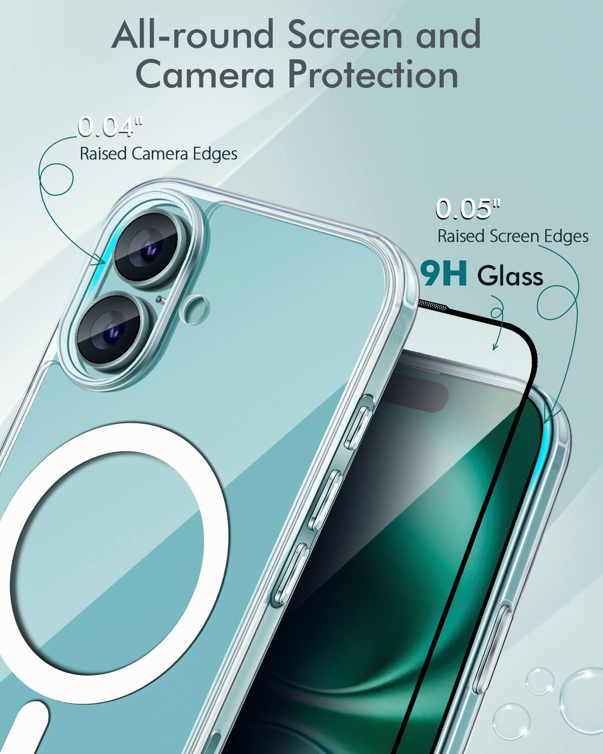All-round Screen and Camera Protection: 0.04" Raised Camera Edges, 0.05" Raised Screen Edges, 9H Glass.