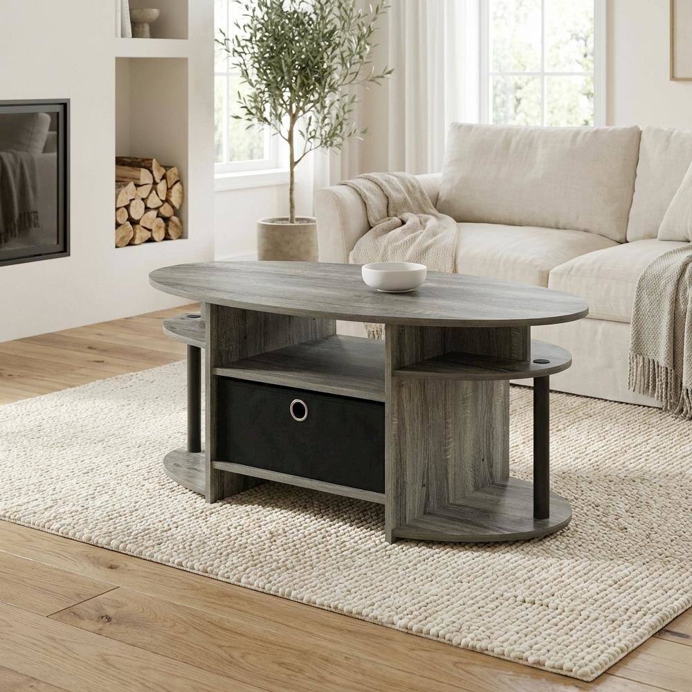 Left. FurniFact - Oval Coffee Table French Oak Grey and Black with Simple Design and Sturdy Frame - French Oak Grey/Black/Black.