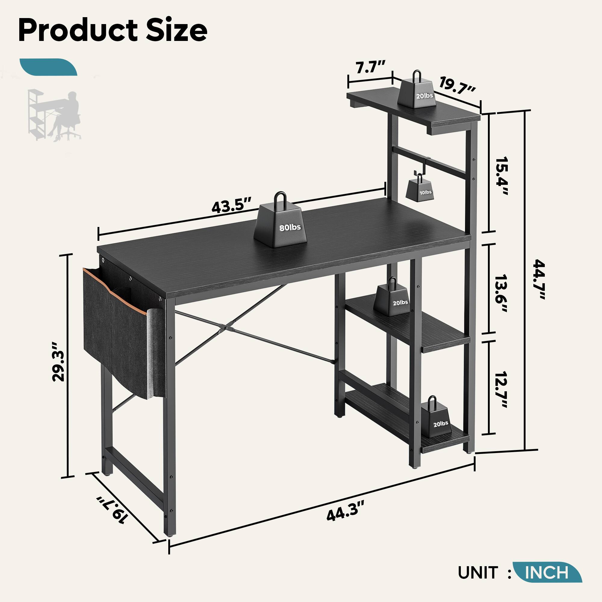 Product Size

- Width: 43.5"
- Depth: 29.3"
- Height: 44.7"
- Shelf 1: 19.7" (20lbs)
- Shelf 2: 15.4" (10lbs)
- Shelf 3: 13.6" (20lbs)
- Shelf 4: 12.7" (20lbs)
- Drawer: 19.7" (80lbs)
- Overall Height: 44.3"
- Overall Width: 44.3"
- Overall Depth: 29.3"
- Unit: INCH