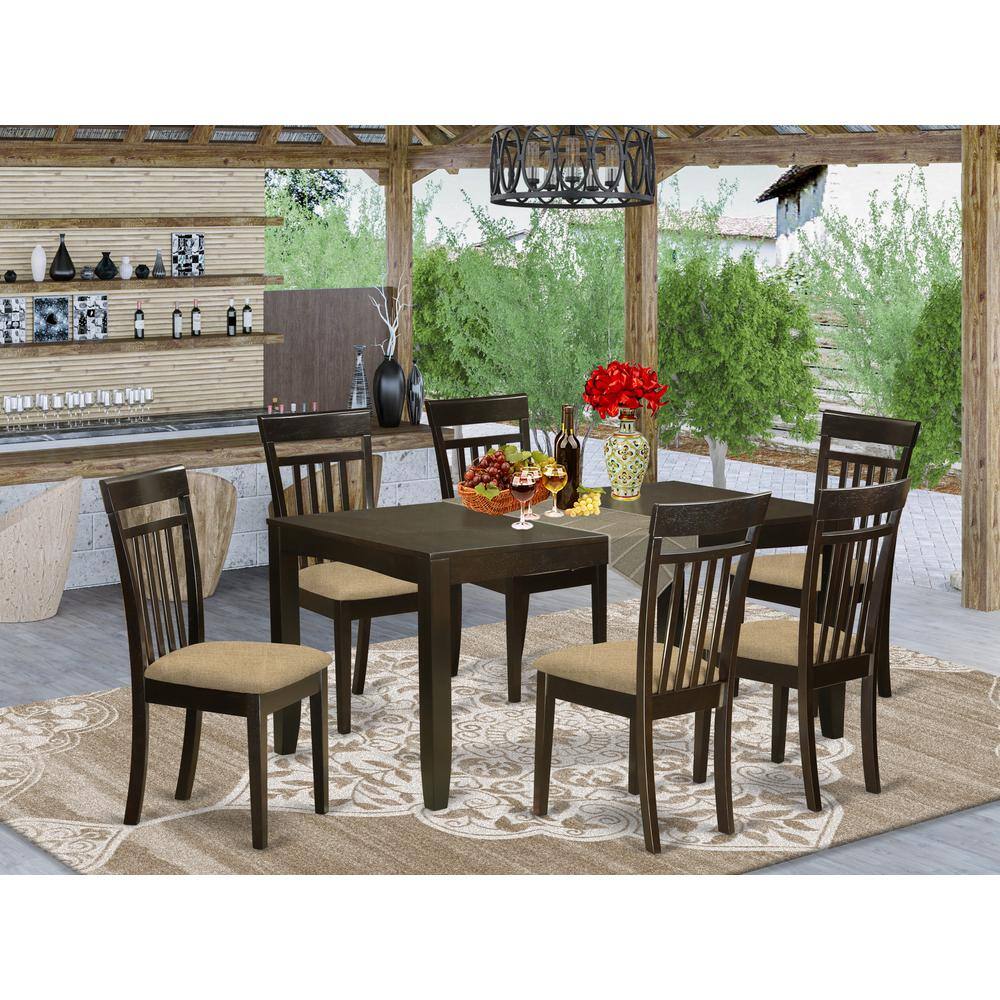 Angle. East West Furniture - LYCA7-CAP-C 7 Pc Dining room set for 6-Table with Leaf and 6 Kitchen Dining Chairs - Cappuccino.