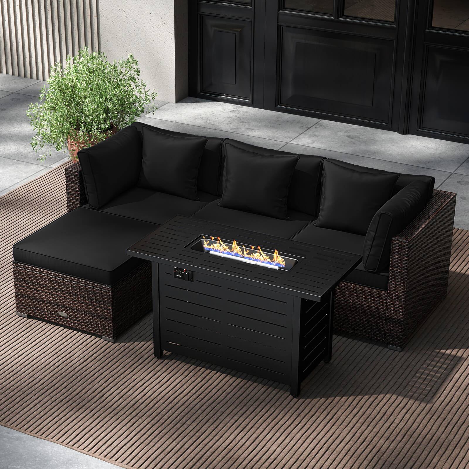 Alt View 1. Costway - Costway 5 PCS Patio Furniture Set Heavy-duty Frame Rattan Sofa Set with 60,000 BTU Firepit Table - Black.