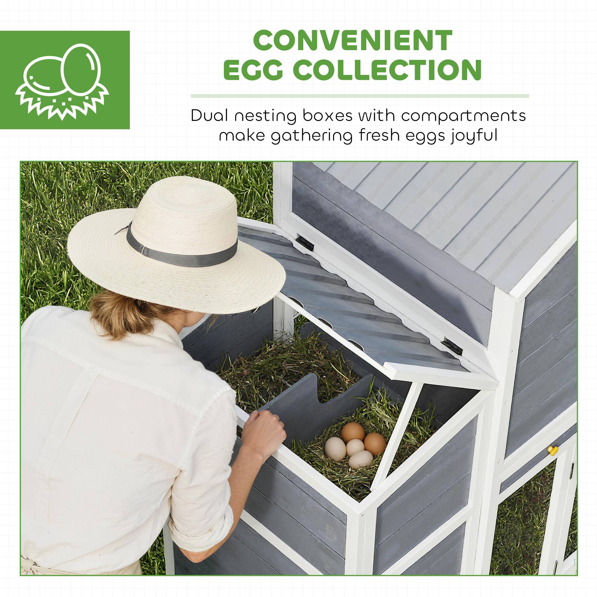 CONVENIENT EGG COLLECTION

Dual nesting boxes with compartments make gathering fresh eggs joyful