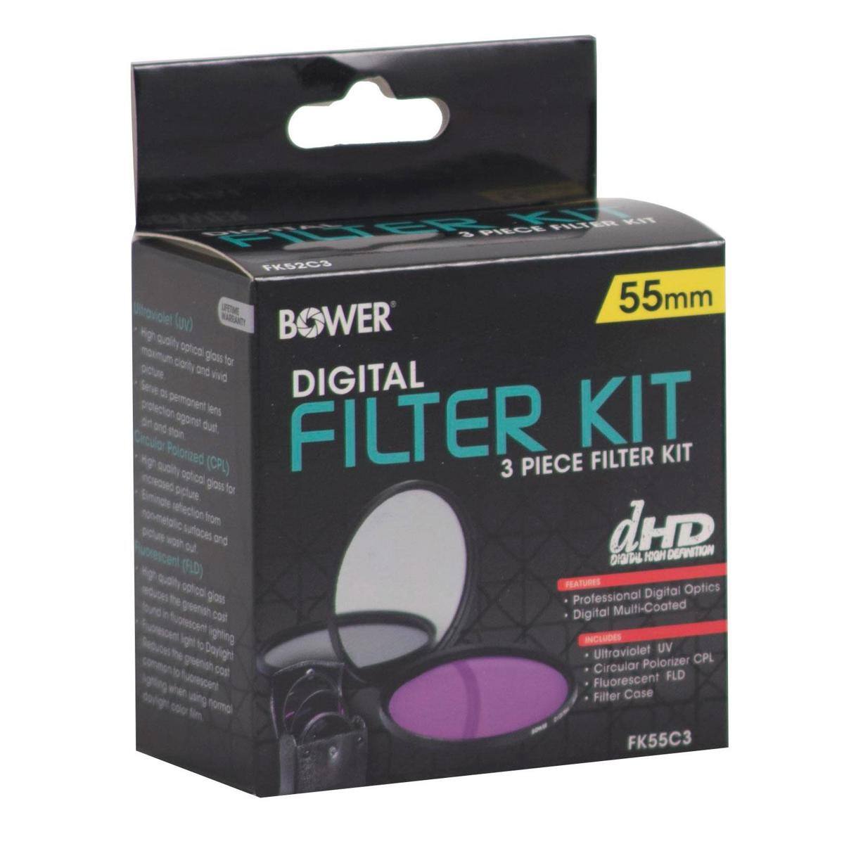 Bower Digital Filter Kit - 3 Piece Filter Kit for 55mm (UV)  
- Includes:  
  - Ultraviolet (UV)  
  - Circular Polarizer (CPL)  
  - Fluorescent (FLD)  
- Features:  
  - Professional Digital Optics  
  - Digital Multi-Coated  
- Case Included: FK55C3