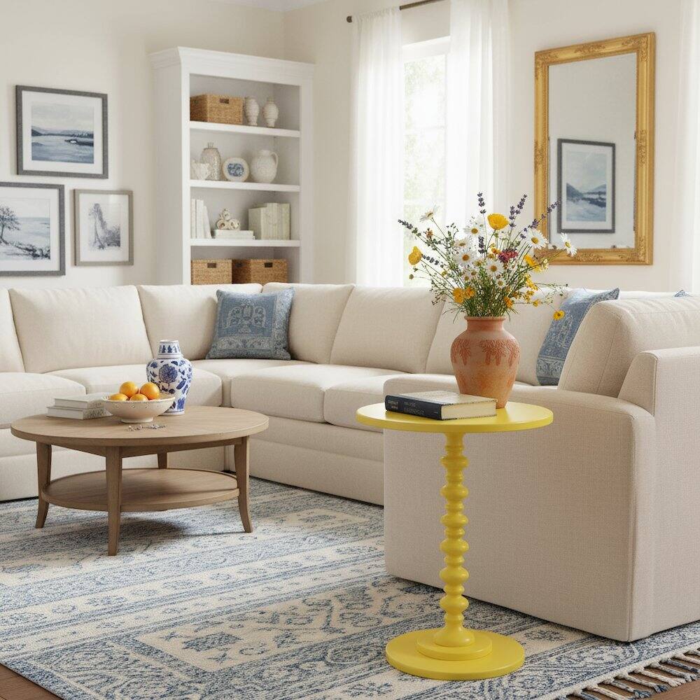 Alt View 1. FurniFact - Spindle Base Round Coffee Table in Yellow Color - Yellow.