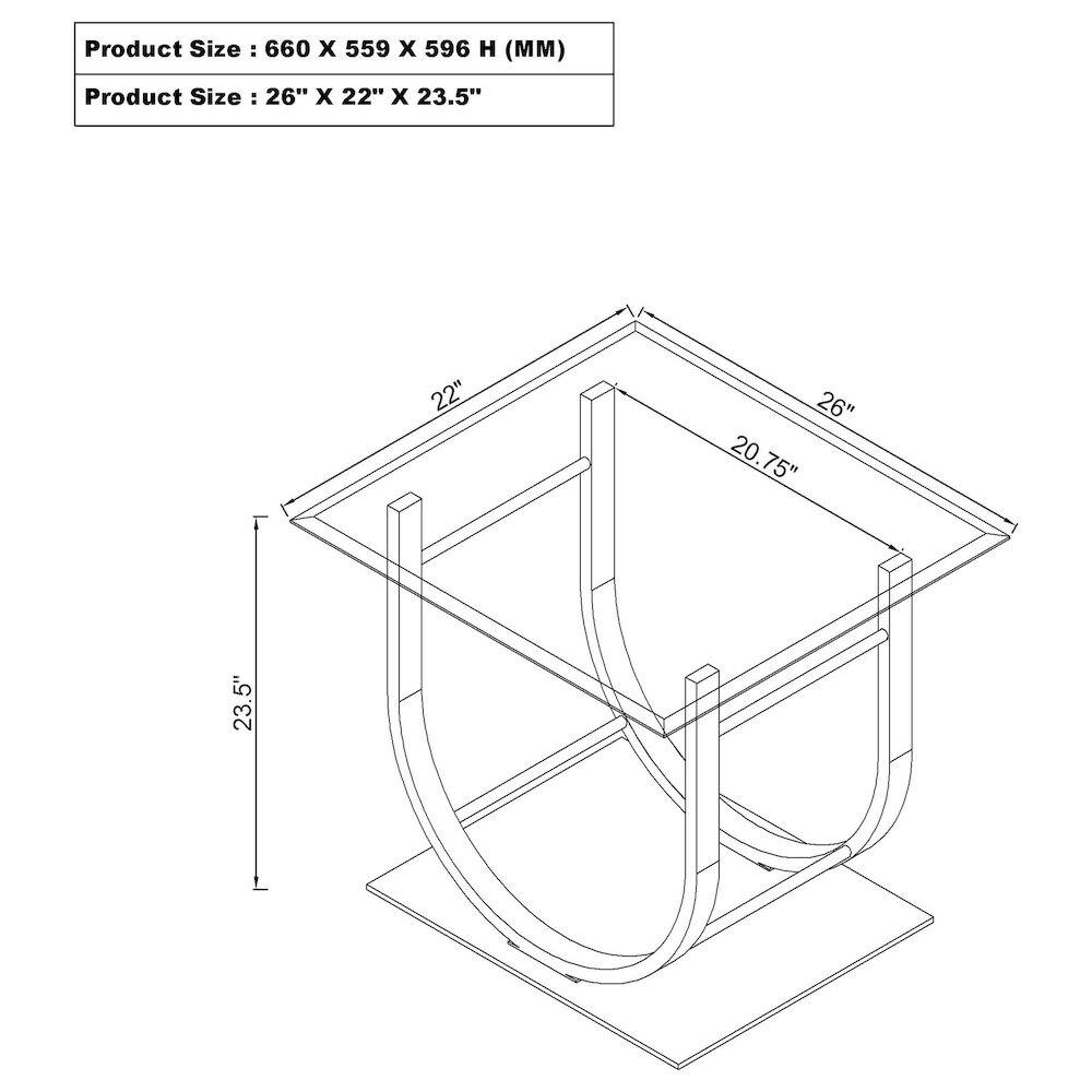 Product Size: 660 x 559 x 596 H (MM)  
Product Size: 26" x 22" x 23.5"