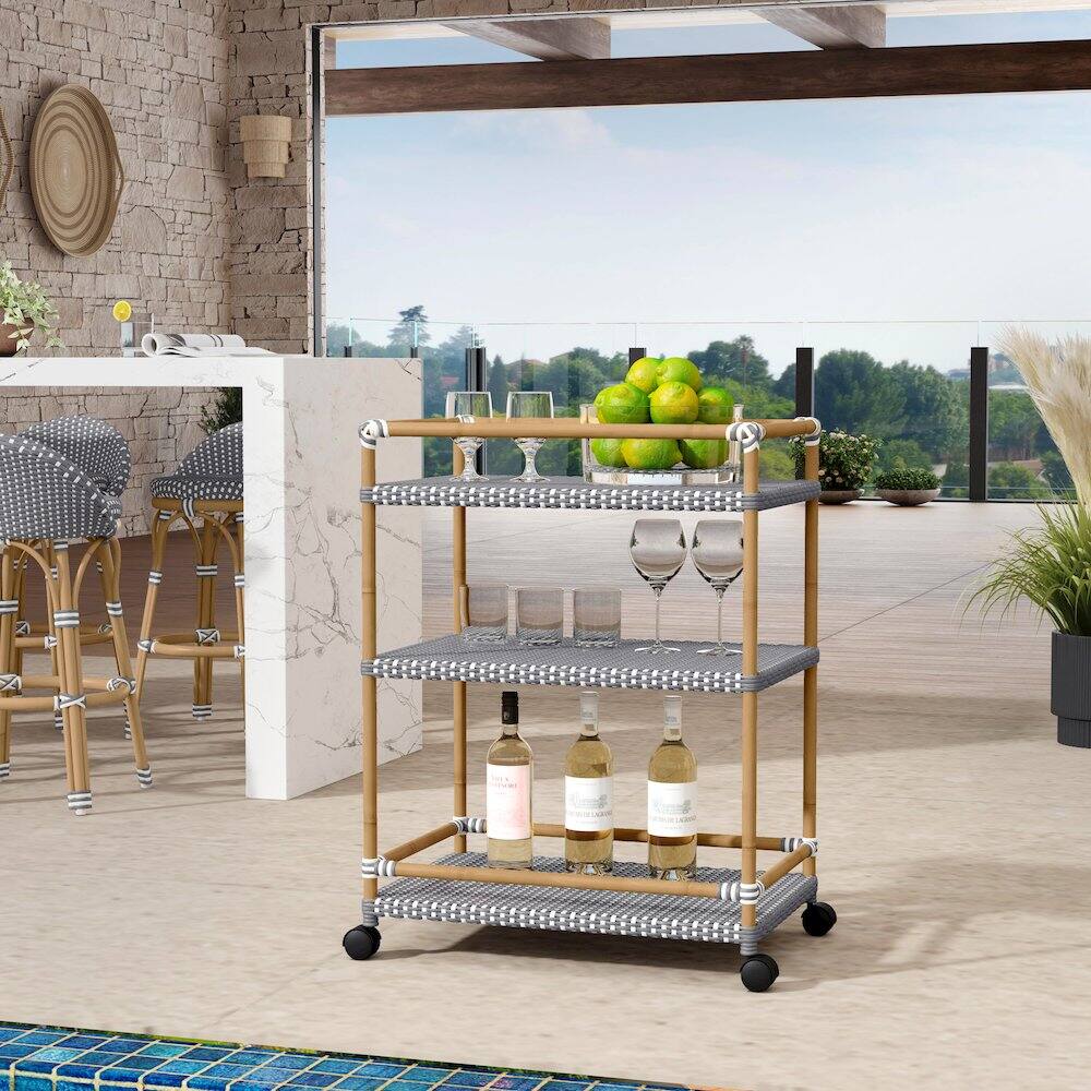 Alt View 1. Butler Specialty - Tobias 24 in. W Outdoor Rattan and Metal 3 Tier Bar Cart - Gray.