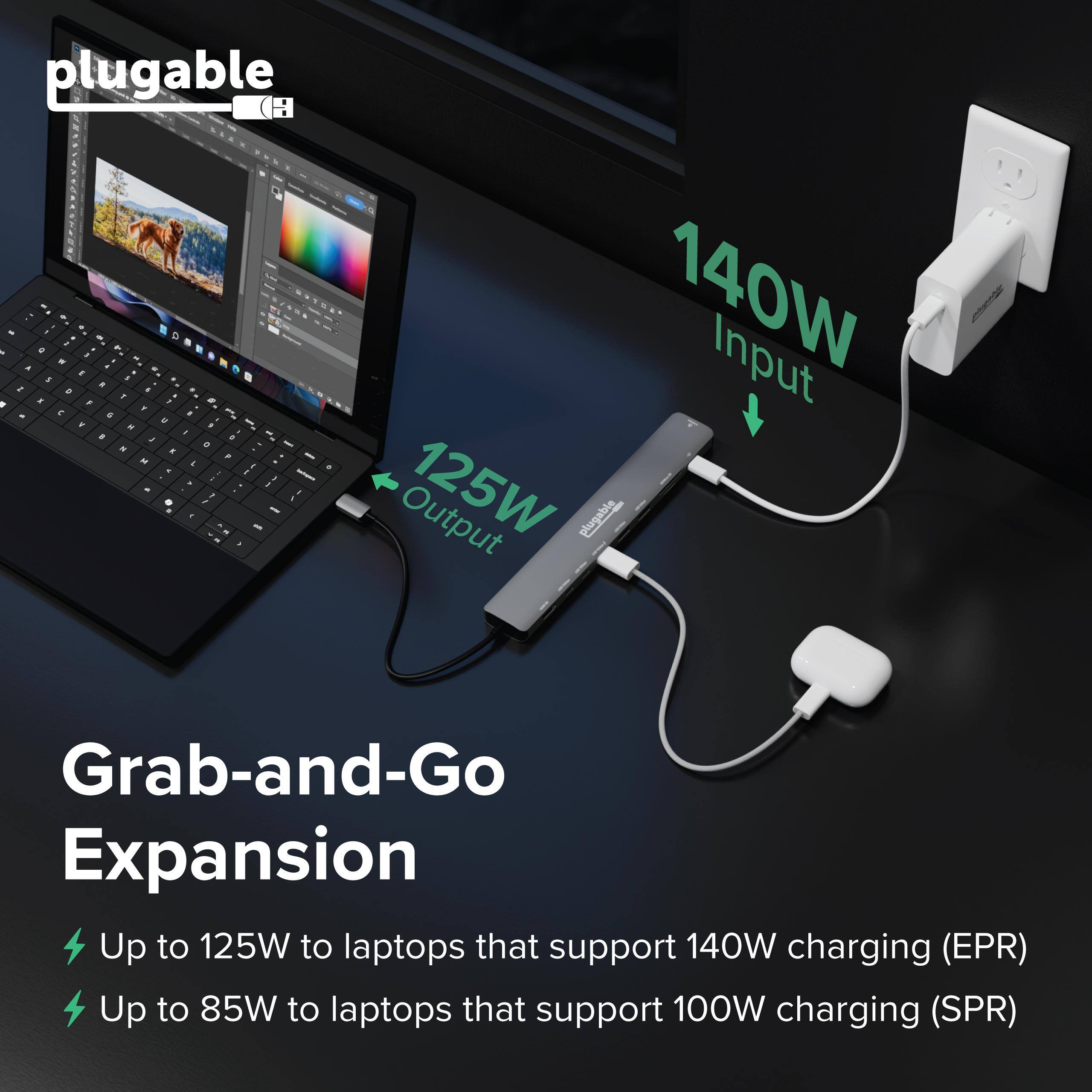 plugable CH

Grab-and-Go Expansion

140W Input
125W Output

Up to 125W to laptops that support 140W charging (EPR)
Up to 85W to laptops that support 100W charging (SPR)