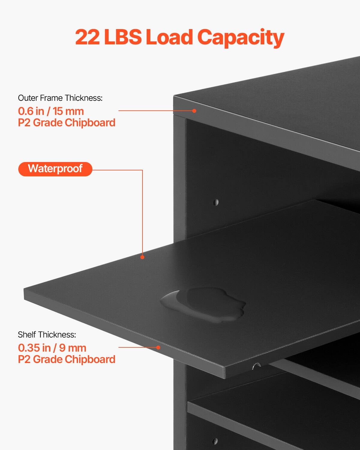 22 LBS Load Capacity

Outer Frame Thickness: 0.6 in / 15 mm P2 Grade Chipboard

Waterproof

Shelf Thickness: 0.35 in / 9 mm P2 Grade Chipboard