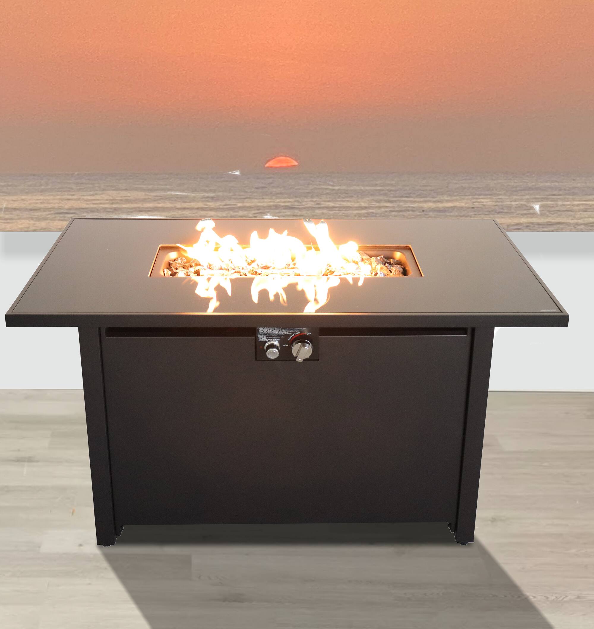 Angle. Siljoy - 25"H x 42"W Steel Outdoor Fire Pit Table with Protective Lid.