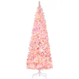 PULUZ - 7.5ft Prelit Snow Flocked Artificial Christmas Tree with Pencil Shape, Pine Realistic Branches, Warm White LED lights, A - Pink and White