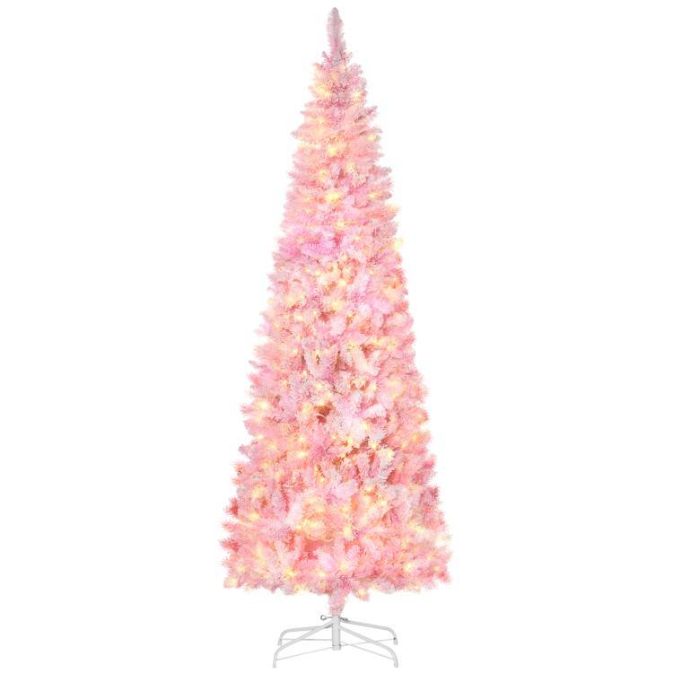 PULUZ - 7.5ft Prelit Snow Flocked Artificial Christmas Tree with Pencil Shape, Pine Realistic Branches, Warm White LED lights, A - Pink and White