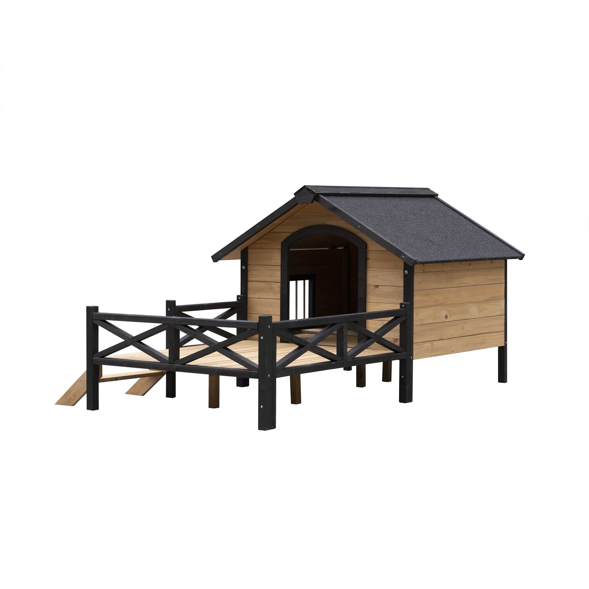 Left. Pefilos - 66" Large Dog House for Outdoor, Wooden Dog Kennel with Porch for Indoor Pet Living.