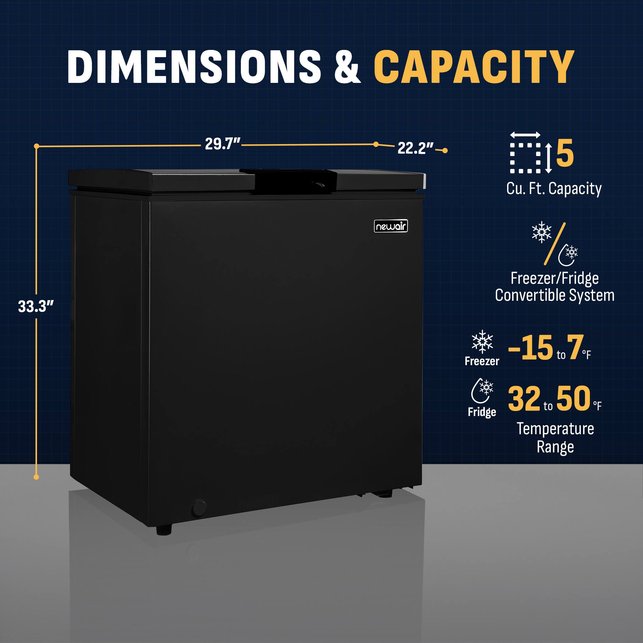 **DIMENSIONS & CAPACITY**

- **Dimensions:**
  - Height: 33.3"
  - Width: 29.7"
  - Depth: 22.2"

- **Capacity:**
  - 5 Cu. Ft.

- **Features:**
  - Freezer/Fridge Convertible System

- **Temperature Range:**
  - Freezer: -15 to 7°F
  - Fridge: 32 to 50°F