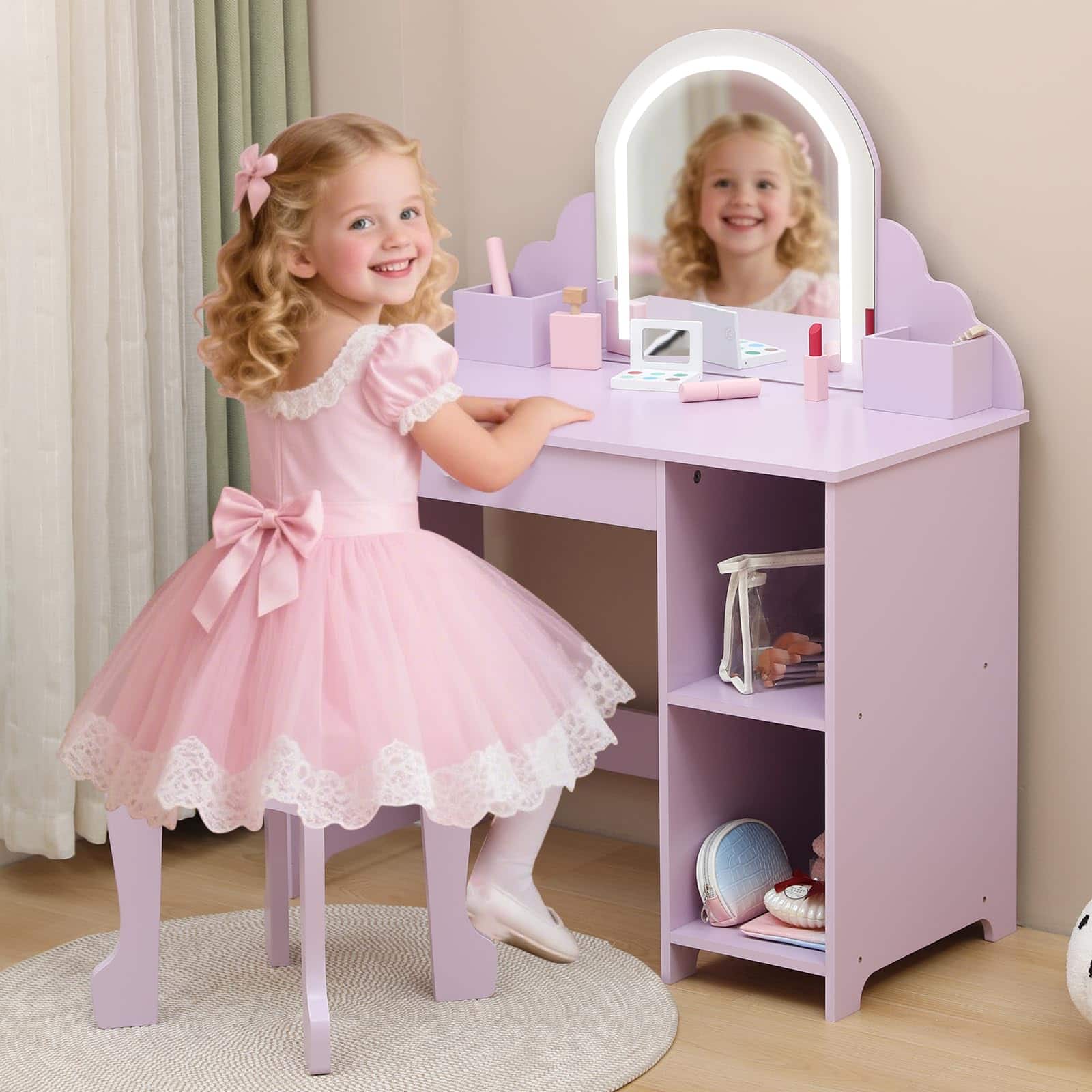 Jojoka - Kids Vanity with Lighted Mirror & Stool, Girls Makeup Table with Drawer, Shelves & Adjustable LED for Ages 3–9 - Purple