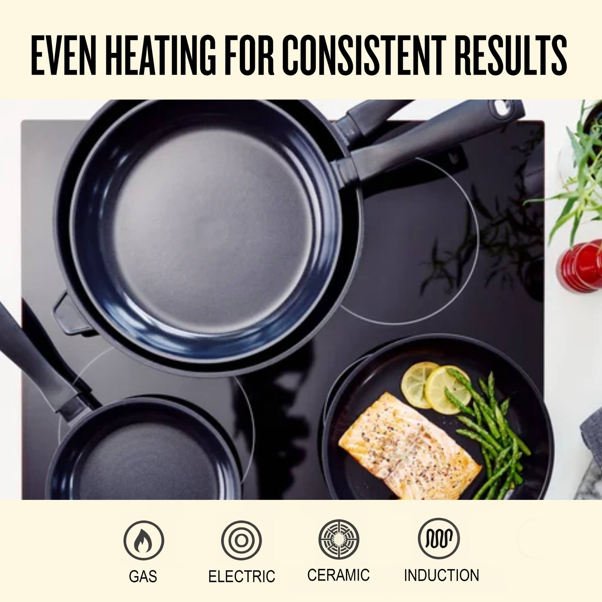 EVEN HEATING FOR CONSISTENT RESULTS

GAS
ELECTRIC
CERAMIC
INDUCTION