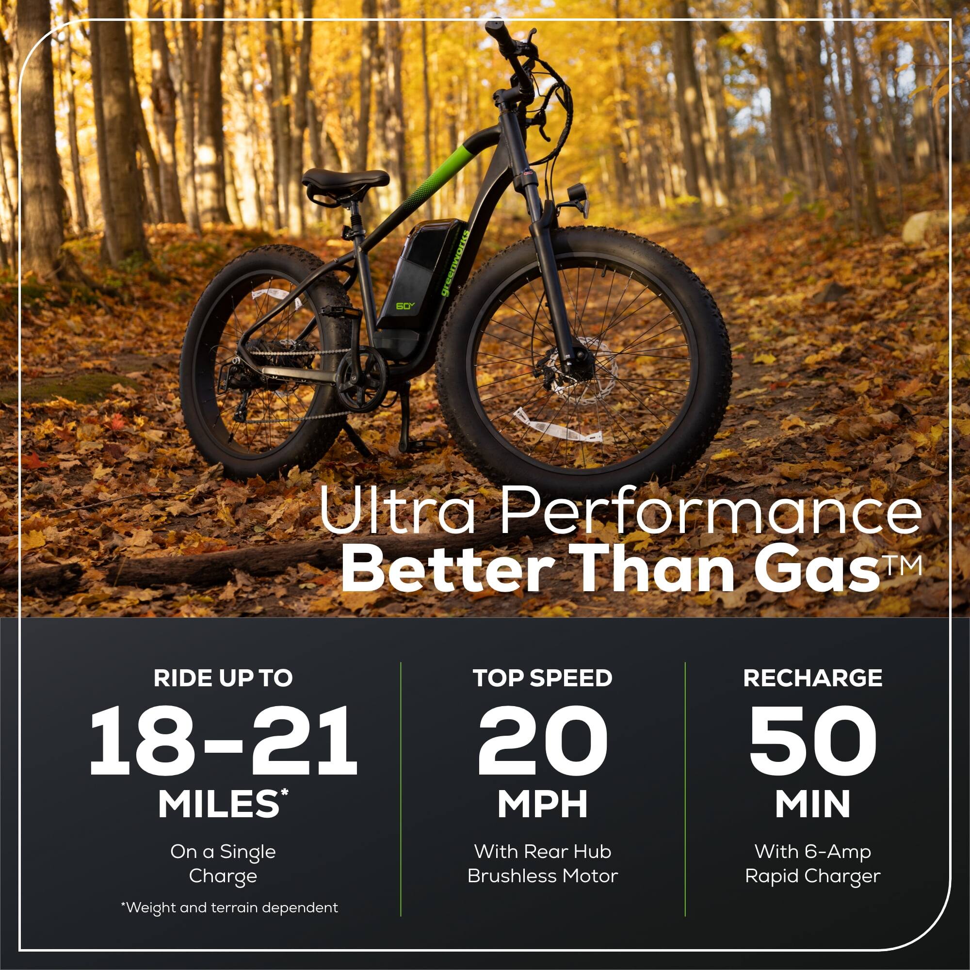 Alt View 6. Greenworks - Greenworks 60V 26" Fat Tire Electric Bicycle, Max 20mph Adjustable 7 Speed Mountain Bike for Adult, Teen - Green.