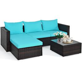 Costway - 5PCS Patio Furniture Set Sectional Conversation Sofa Set w/ Coffee Table - Turquoise