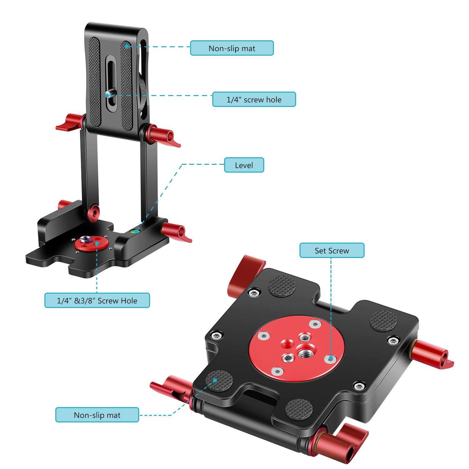 - Non-slip mat
- 1/4" screw hole
- Level
- 1/4" & 3/8" Screw Hole
- Set Screw
- Non-slip mat
