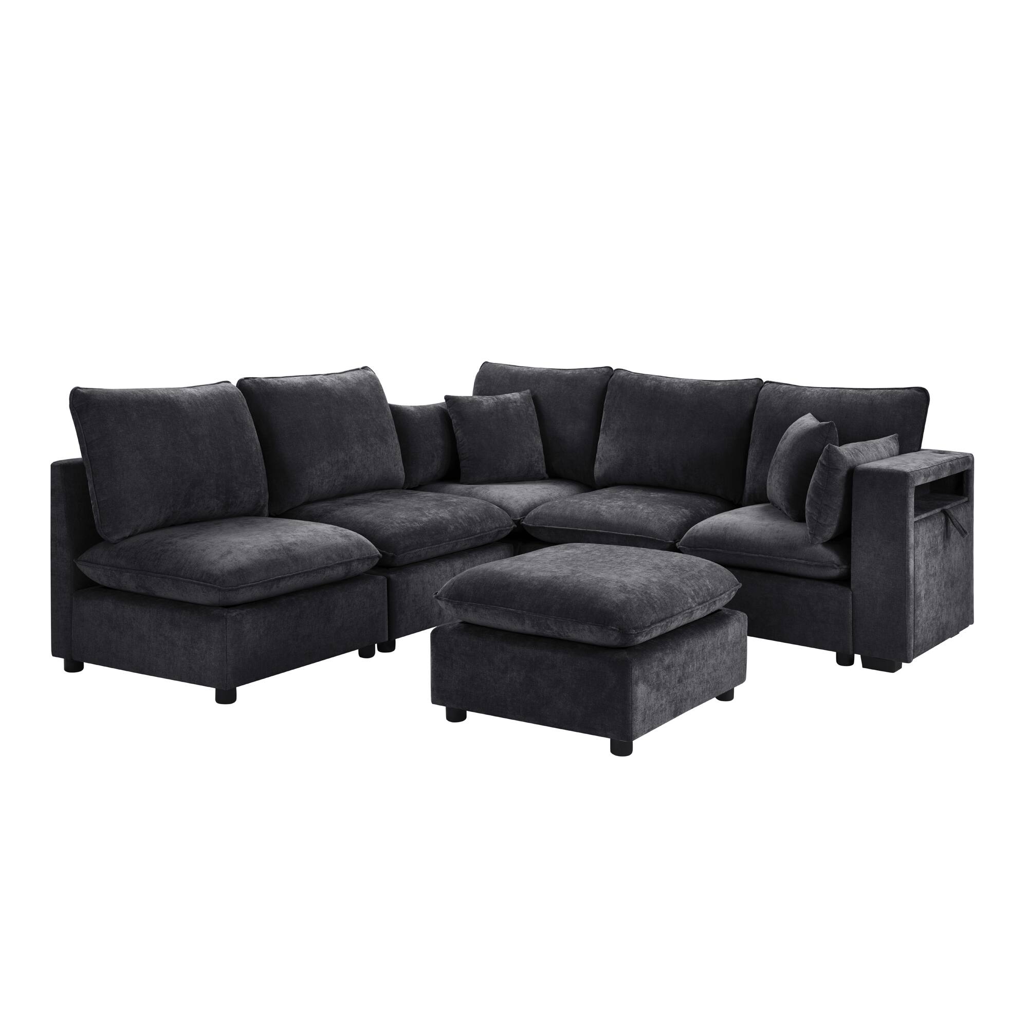 Back. Whisen - Modular Sectional Sofa U-Shaped Couch with Ottoman, Storage Armrests and USB Ports - Black.