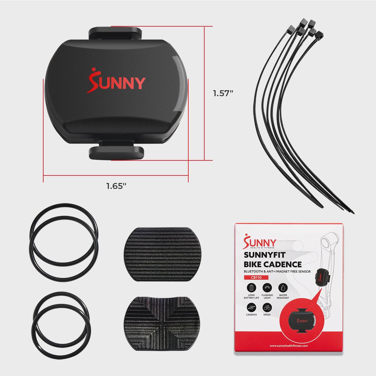 SUNNY  
1.57" 1.65"  
SUNNYFIT BIKE CADENCE BLUETOOTH & ANT+/MAGNET FREE SENSOR CB110  
www.sunnyhealthfitness.com