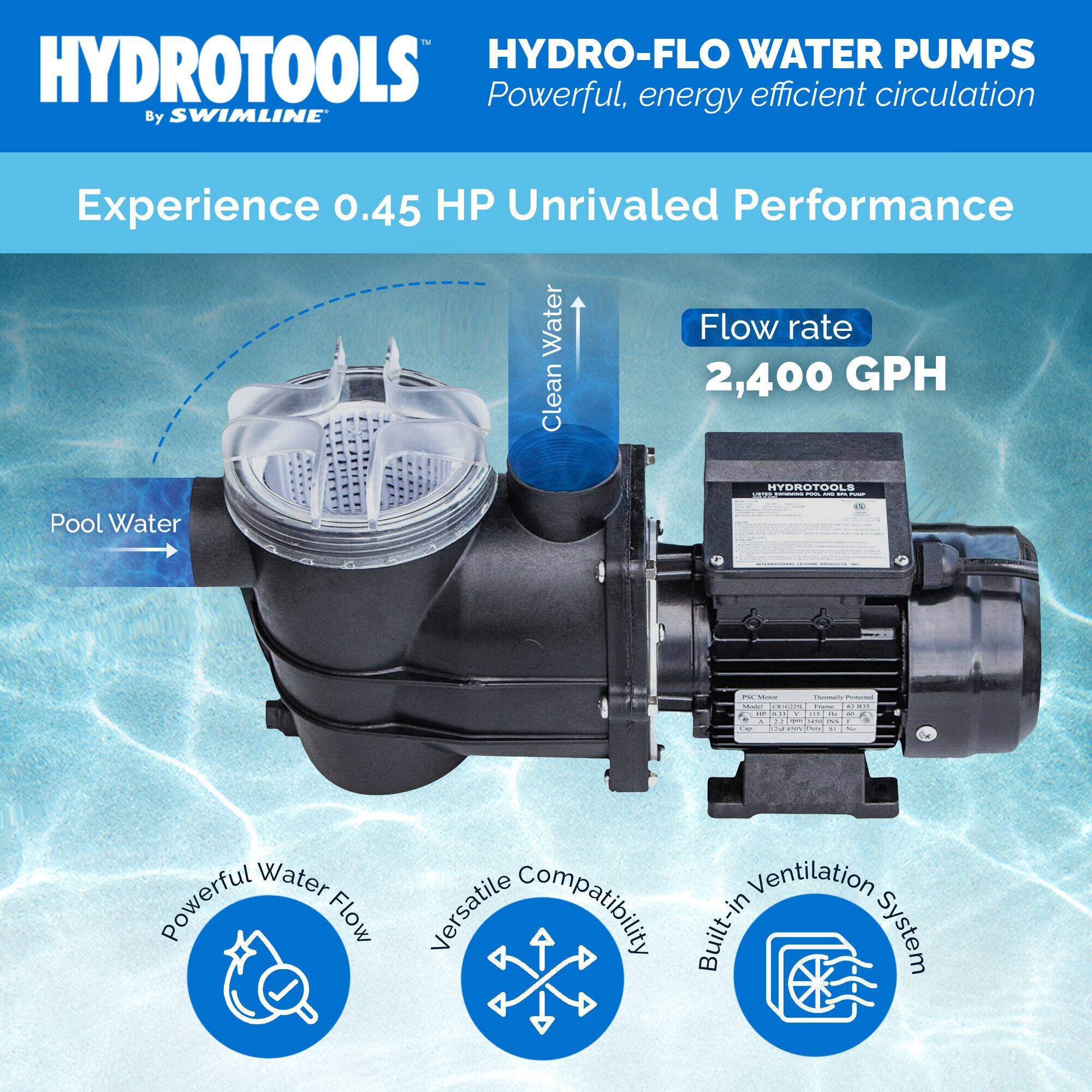 HYDROTOOLS  
By SWIMLINE  

HYDRO-FLO WATER PUMPS  
Powerful, energy efficient circulation  

Experience 0.45 HP Unrivaled Performance  

Flow rate  
2,400 GPH  

Pool Water  
Clean Water  

Powerful Water Flow  
Versatile Compatibility  
Built-in Ventilation System