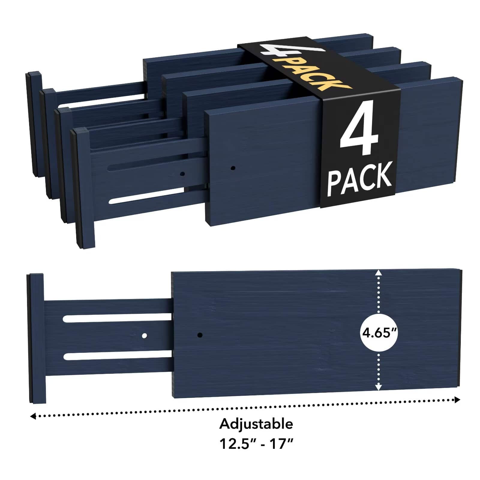 Tooloton - 4-Pack Adjustable Bamboo Dresser Drawer Dividers, Expandable Closet Organizer, 4.65" H, 12.5-17" W - Navy Blue