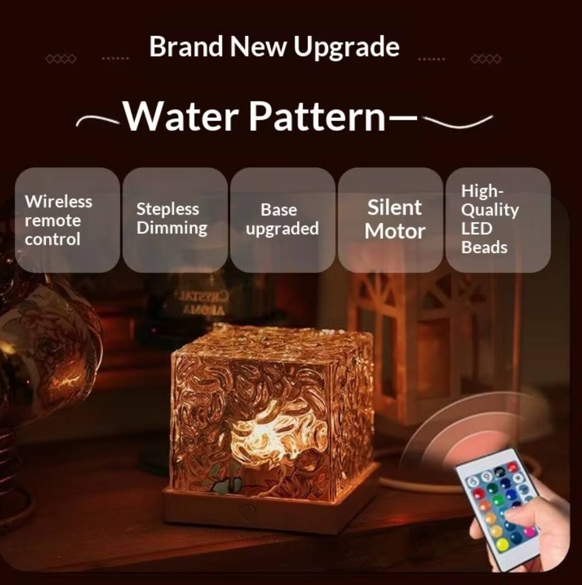 Brand New Upgrade  
Water Pattern  

- Wireless remote control  
- Stepless Dimming  
- Base upgraded  
- Silent Motor  
- High-Quality LED Beads