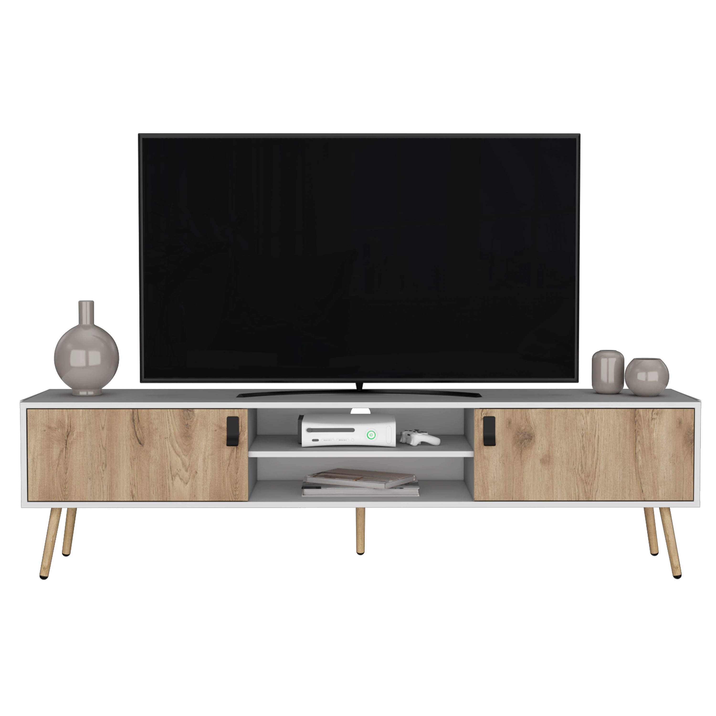 Spaco - Modern TV Stand for 55 60 65 70 Inch TVs, 2 Door Cabinet with 4 Shelves, 5 Sturdy Legs, for Living Room - White+Walnut