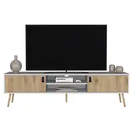 Spaco - Modern TV Stand for 55 60 65 70 Inch TVs, 2 Door Cabinet with 4 Shelves, 5 Sturdy Legs, for Living Room - White+Walnut