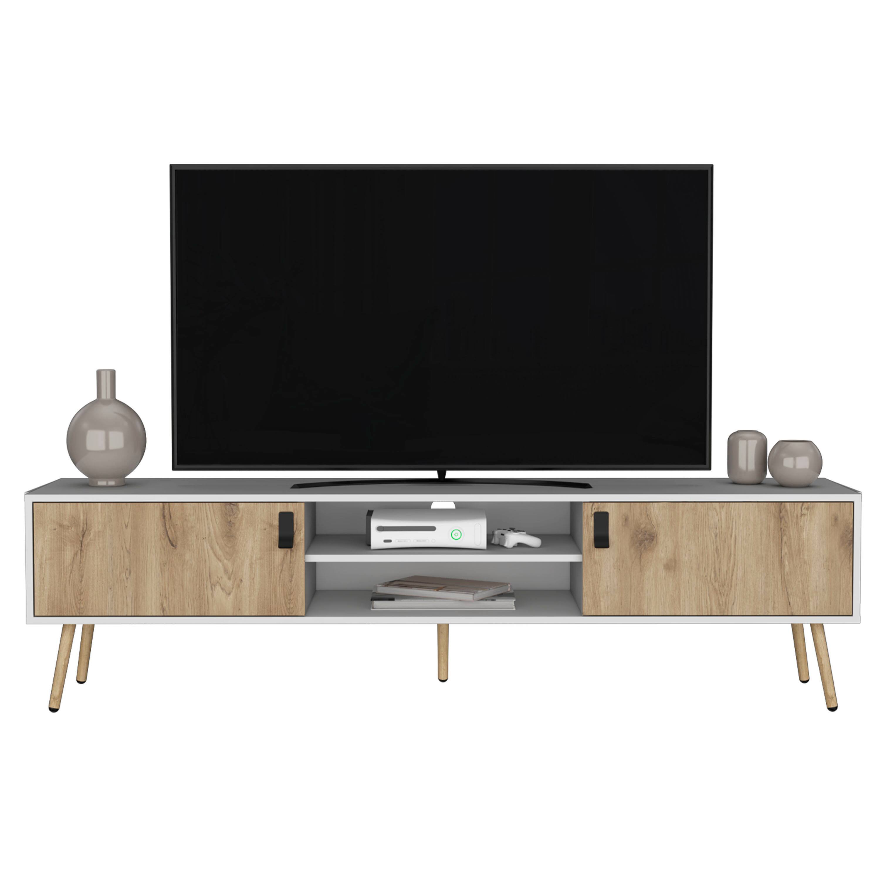Front. Spaco - Spaco Modern TV Stand for 55 60 65 70 Inch TVs, 2 Door Cabinet with 4 Shelves, 5 Sturdy Legs, for Living Room - White+Walnut.