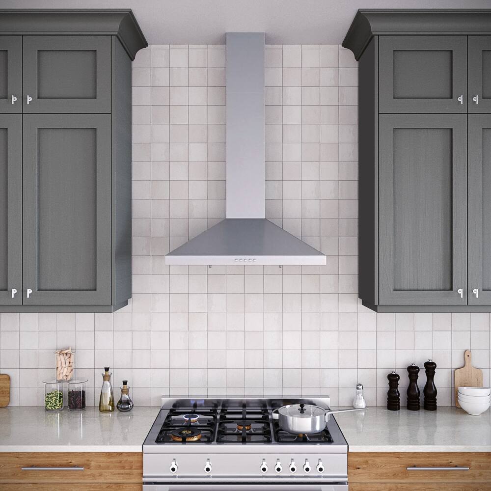 Left. Streamline - 30 in. Galvani Ducted Wall Mount 220 CFM Range Hood, Baffle Filters, Electronic Button Control, LED Light - Brushed Stainless Steel.