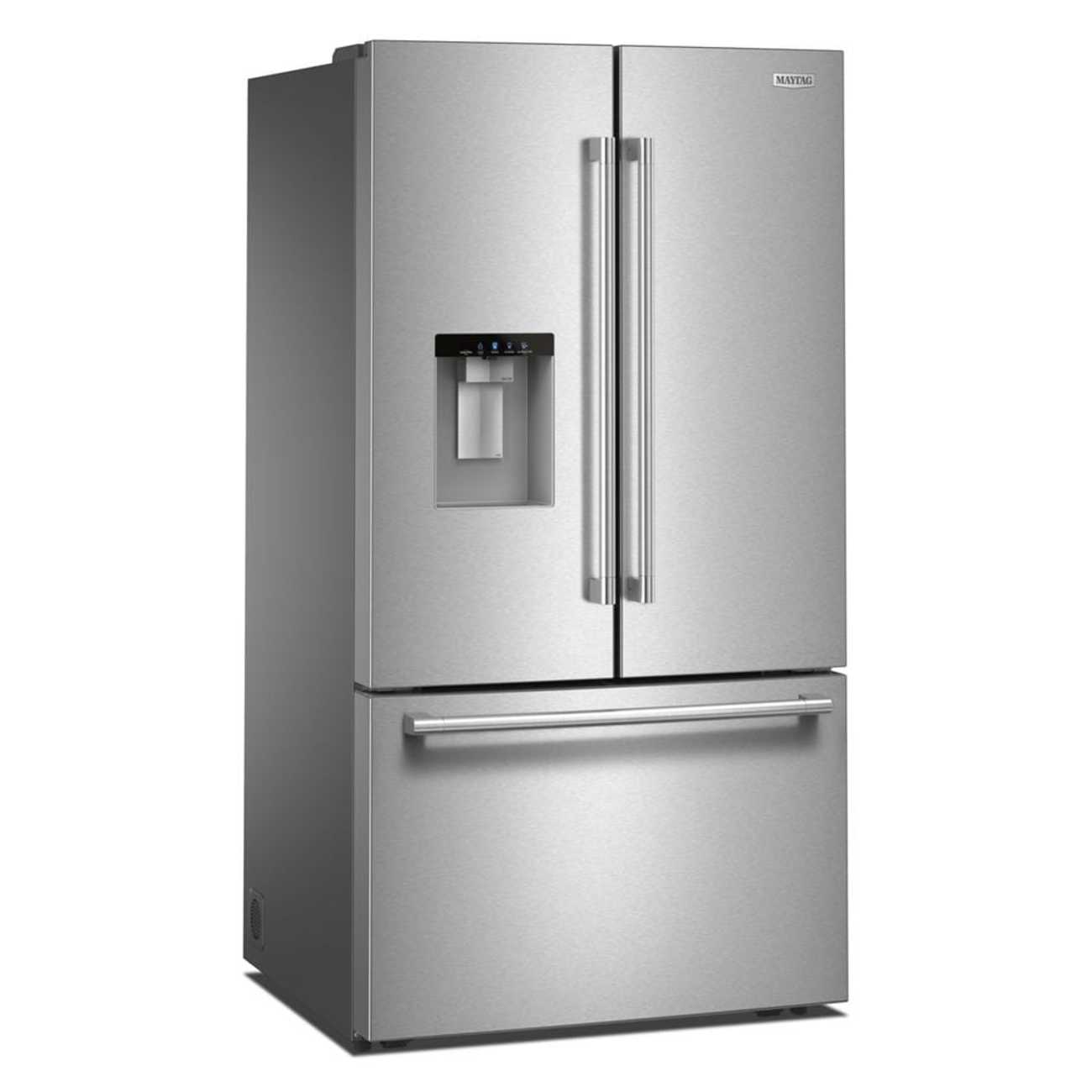 Angle. Maytag - Maytag - Maytag 30 Cu. Ft. XL Capacity French Door Bottom Mount Refrigerator with In-Door-Ice Dispensing System - Fingerprint-Resistant Stainless Finish.