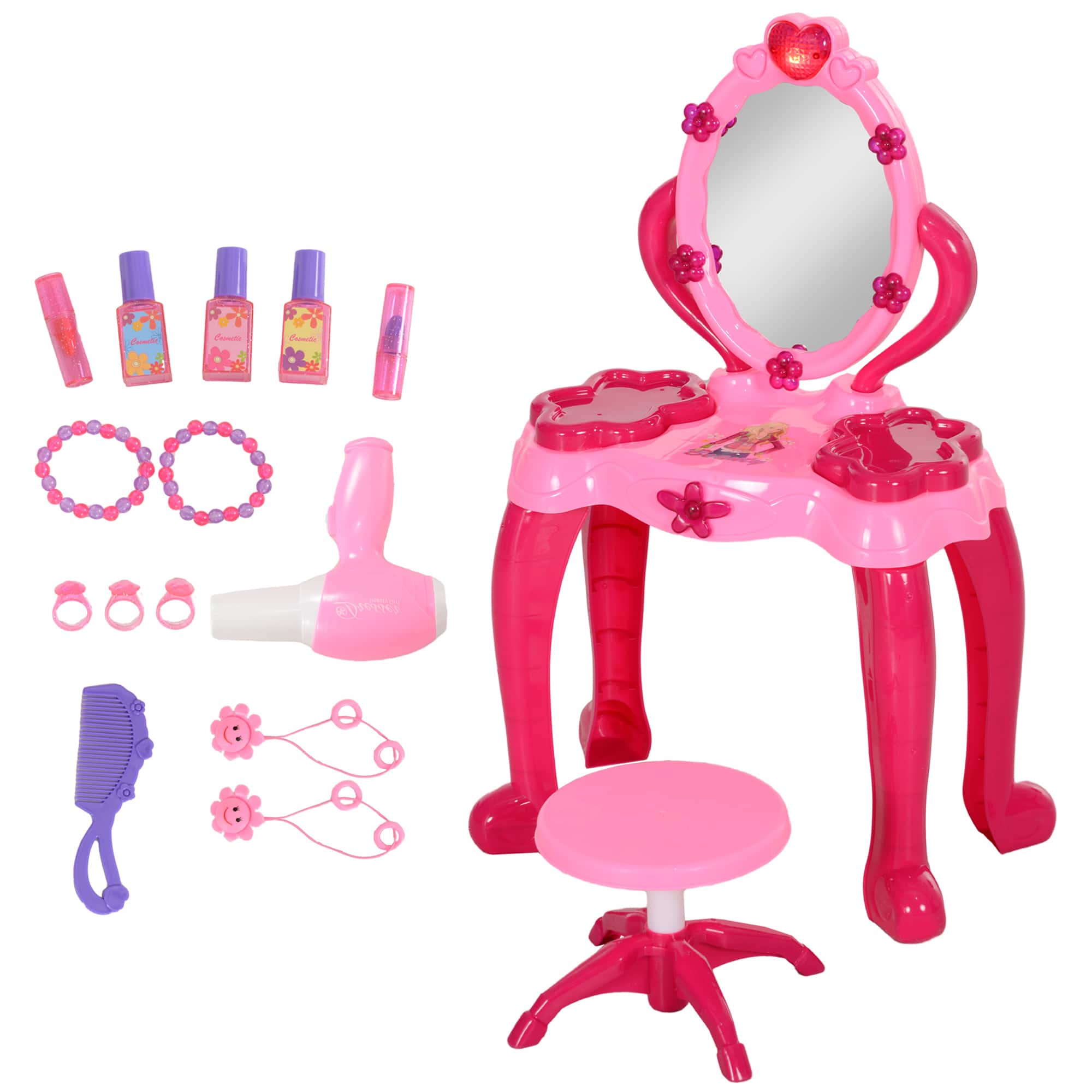 Qaba - Kids Vanity Set w/Mirror&Stool, Girls Makeup Table w/Light&Sound, 15 Accessories, Hair Dryer, for 3-6 price history on PriceWatchPro