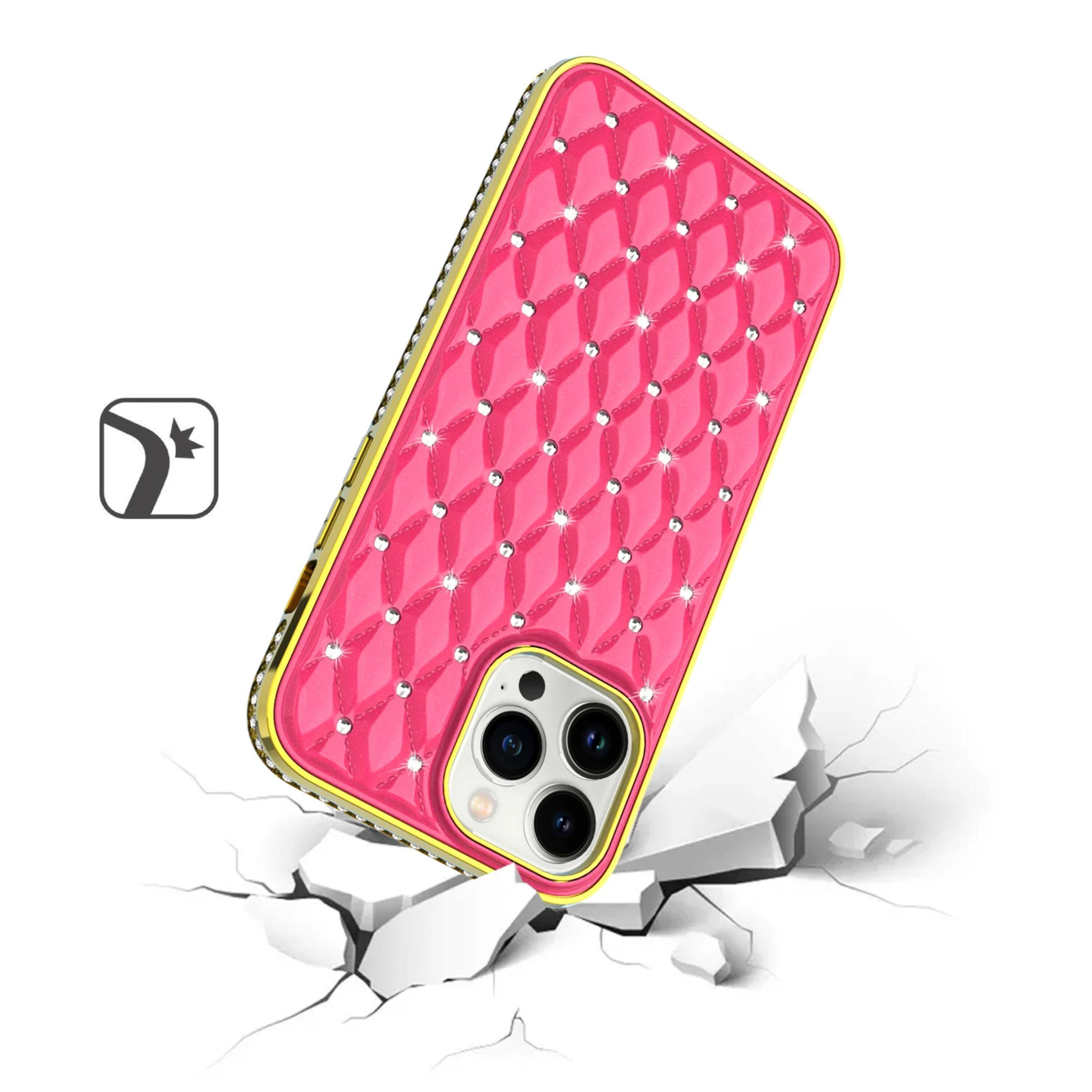 Angle. Kitcheniva - Quilted Design Diamond Bling Chrome Plated Frame Phone Case For iPhone 14 Pro Hot Pink - Hot Pink.