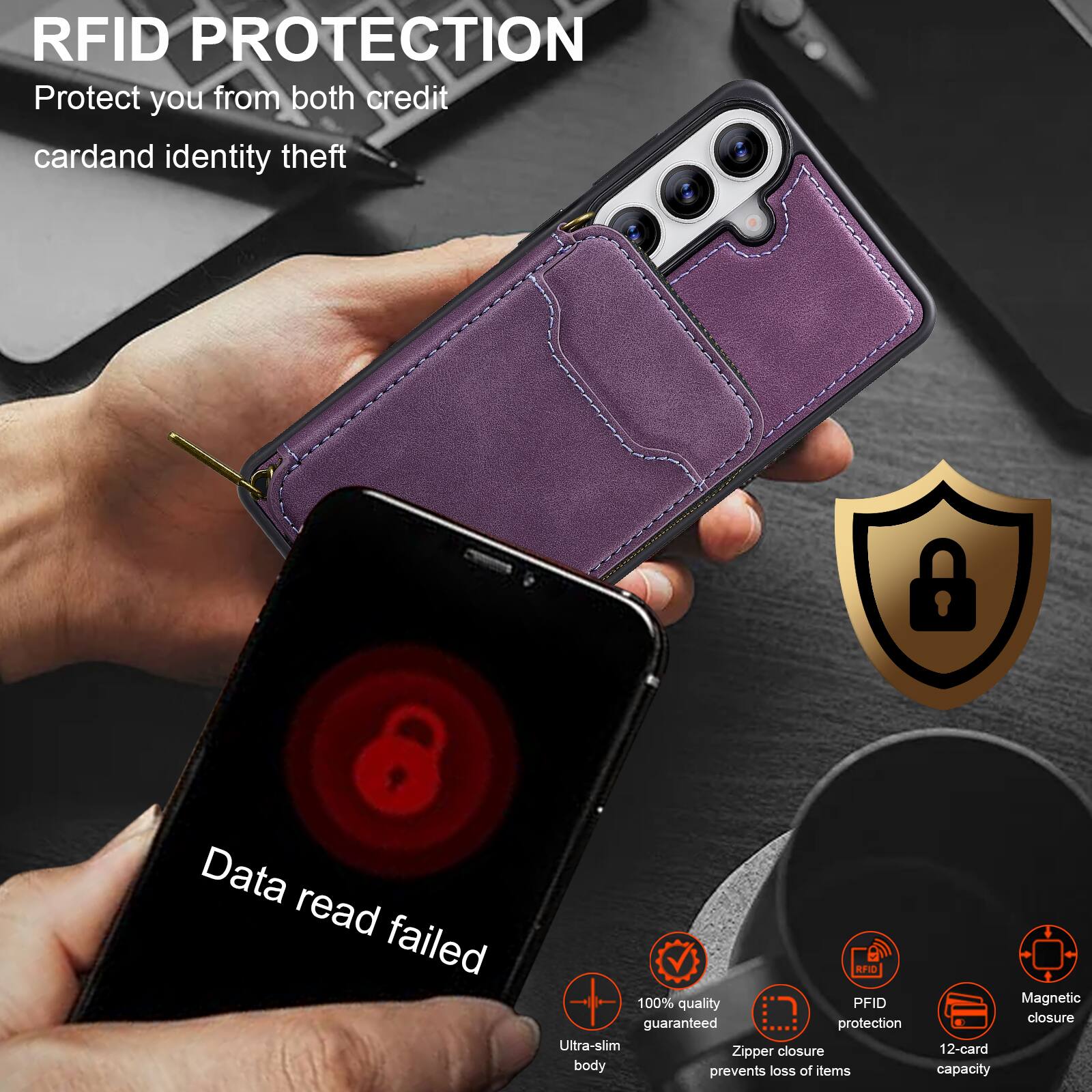 RFID PROTECTION  
Protect you from both credit card and identity theft  

Data read failed  

100% quality guaranteed protection  
Ultra-slim closure  
Zipper body prevents loss of items  
Magnetic closure  
12-card capacity  

RFID PROTECTION  
Protect you from both credit card and identity theft  

Data read failed  

100% quality guaranteed  
RFID protection  
Zipper closure prevents loss of items  
Magnetic closure  
12-card capacity