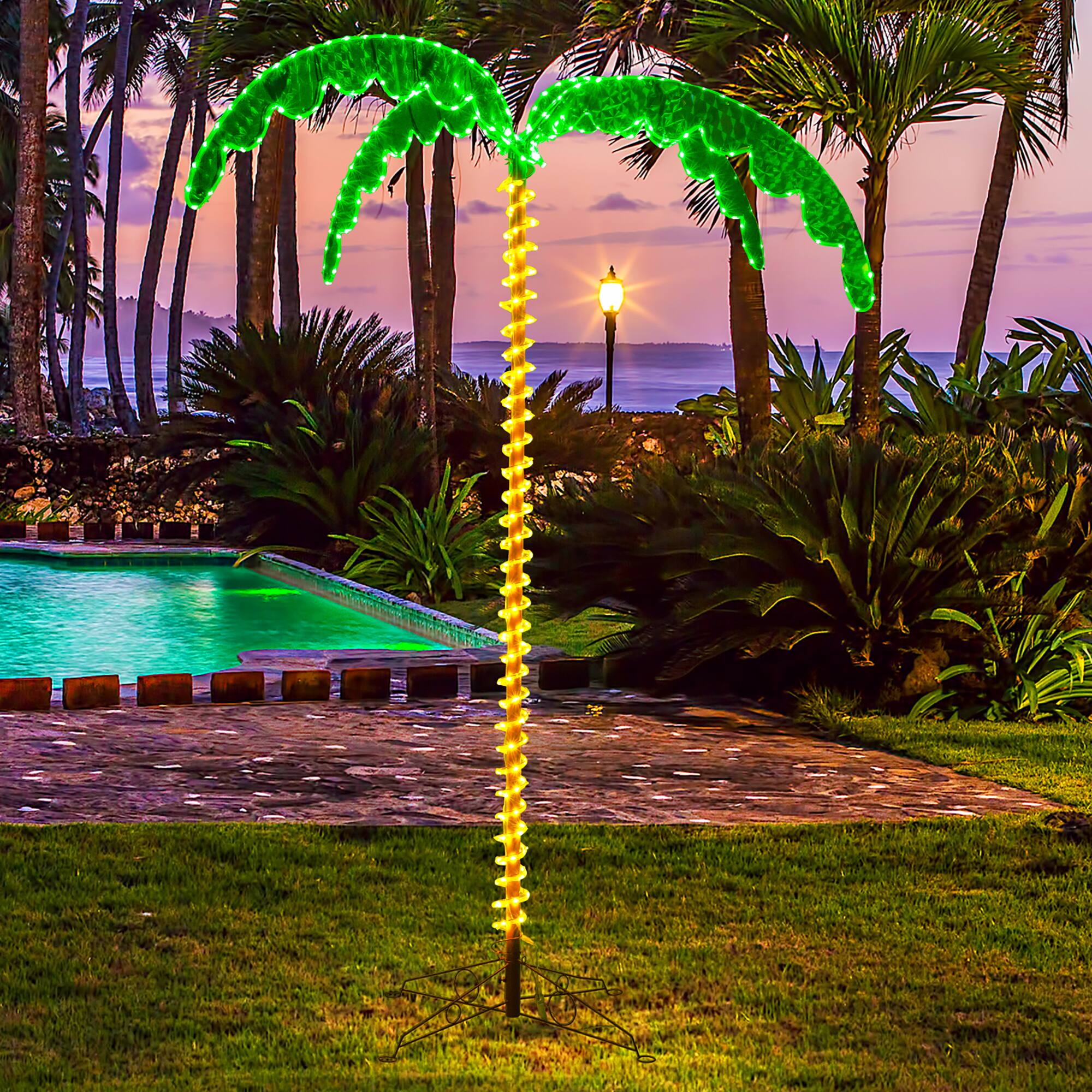 Front. Gymax - Gymax 7.5 FT Lighted Palm Tree w/332 LED Lights Holographic Trunk & Fronds Christmas - Green ,Brown.