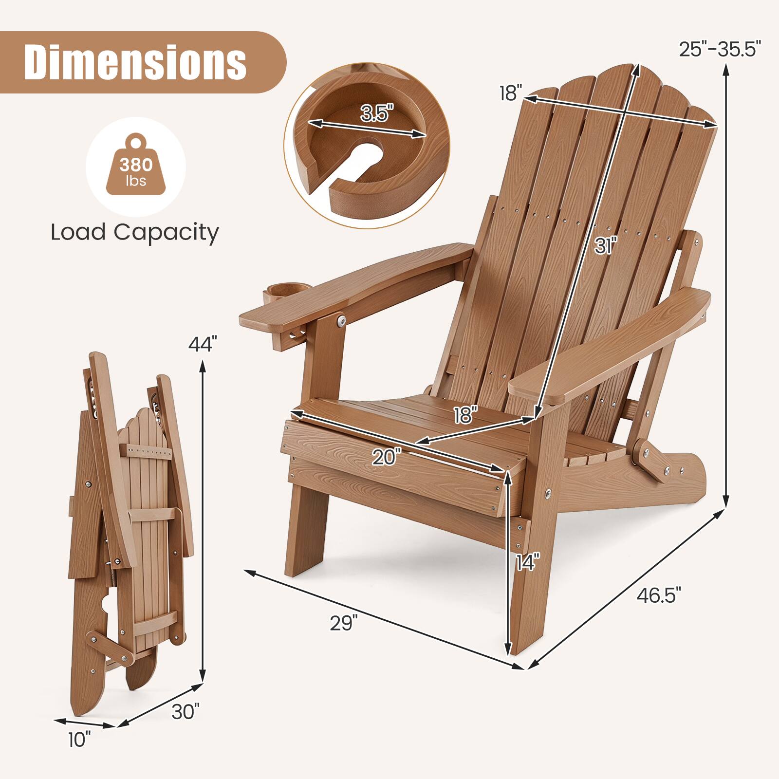 Dimensions: 3.5" x 18" x 25"-35.5"  
Load Capacity: 380 lbs  
Dimensions: 31" x 44" x 18" x 20" x 29" x 14" x 46.5" x 10" x 30"