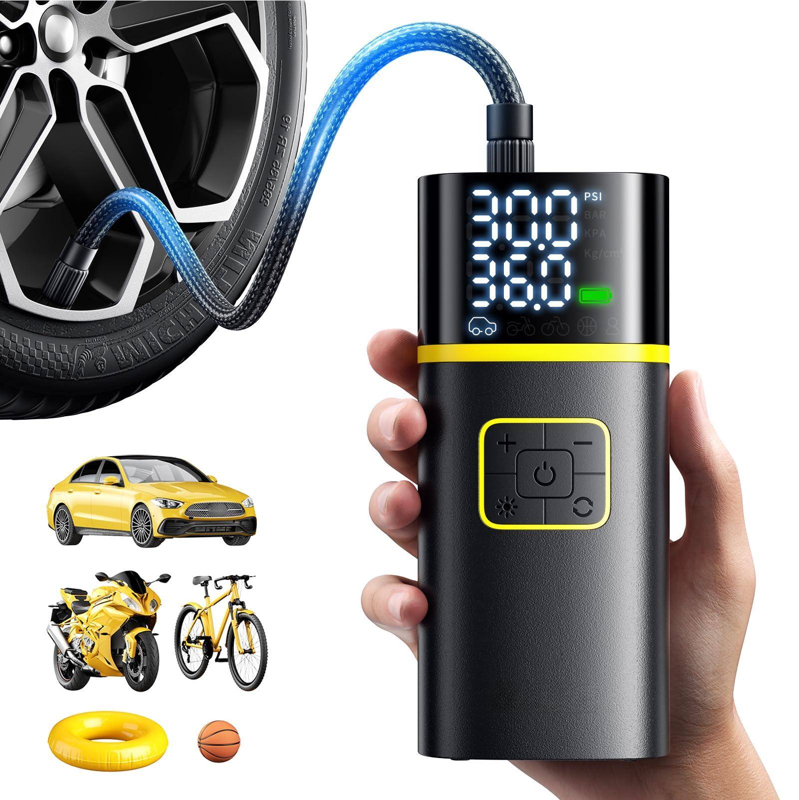 JETRANSPORT - Tire Inflator Portable Air Compressor - 150psi Bike Pump 1min Fast Inflate With Gauge Led Light & Car Acces - 5200mAh
