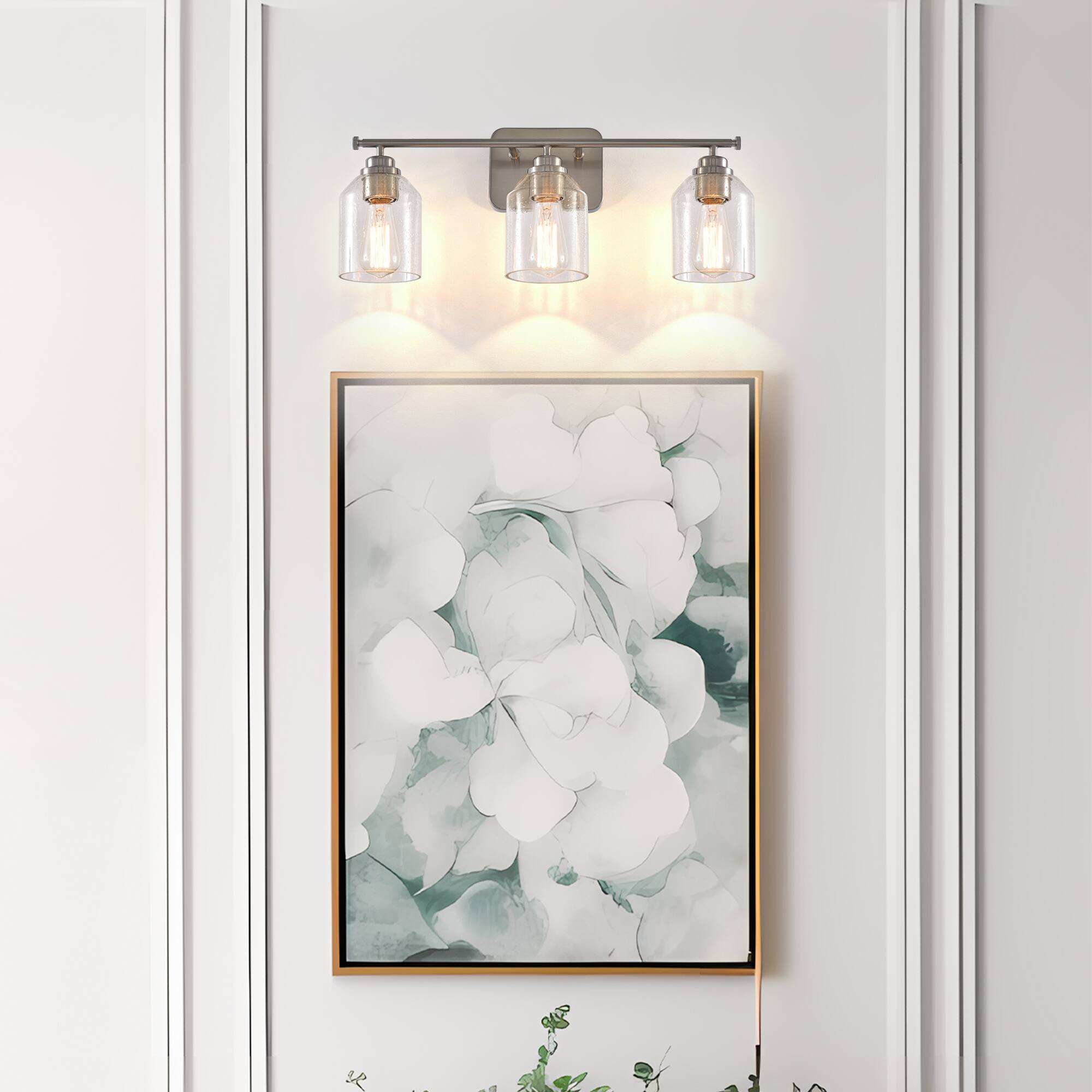 Left. Parrot Uncle - Modern Brushed Nickel 3-Light Seed Glass Dimmable Bathroom Vanity Light Fixture - Brushed Nickel.