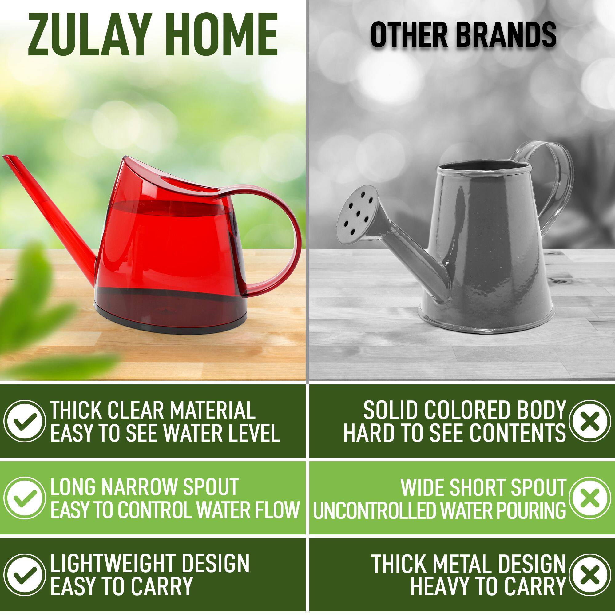 **ZULAY HOME**

- THICK CLEAR MATERIAL
  - EASY TO SEE WATER LEVEL

- LONG NARROW SPOUT
  - EASY TO CONTROL WATER FLOW

- LIGHTWEIGHT DESIGN
  - EASY TO CARRY

**OTHER BRANDS**

- SOLID COLORED BODY
  - HARD TO SEE CONTENTS

- WIDE SHORT SPOUT
  - UNCONTROLLED WATER POURING

- THICK METAL DESIGN
  - HEAVY TO CARRY